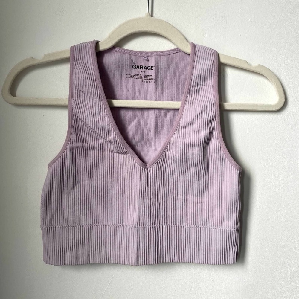 Lavender Garage v-neck cropped tank, size S